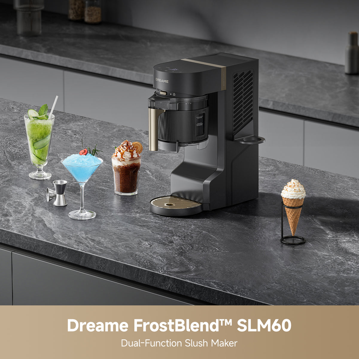 2-in-1 slushie and ice cream maker, black unit with front drip tray and side vent
