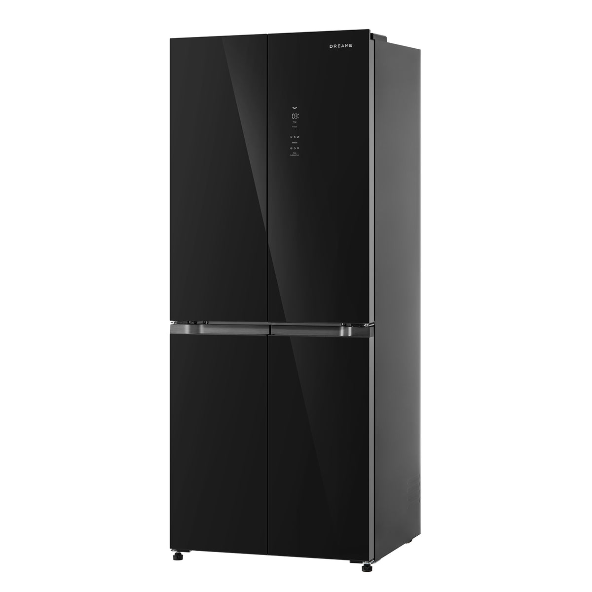 Black side-by-side refrigerator with glossy finish and front control panel