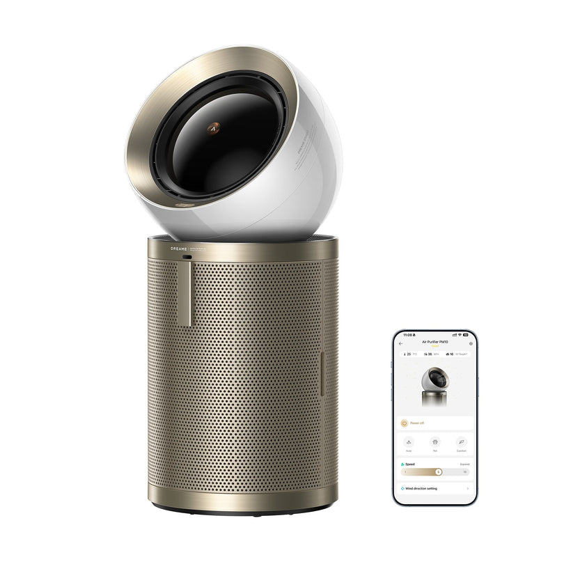 Dreame AirPursue PM10 HEPA purifier with white-and-gold cylindrical body and top air inlet