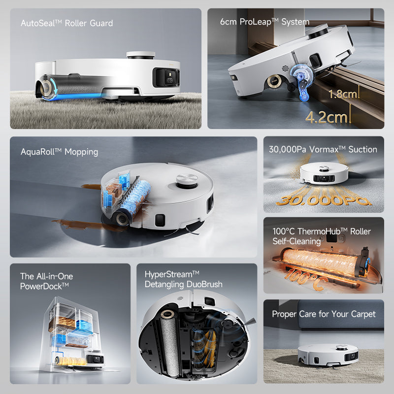 Dreame roller robot vacuum shown in feature panels, blue water-wash roller detail