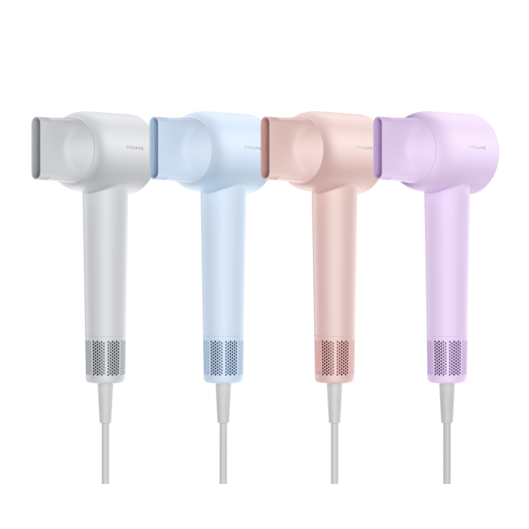 Dreame Gleam high-speed hair dryer with smoothing nozzle; grey, blue, pink, purple