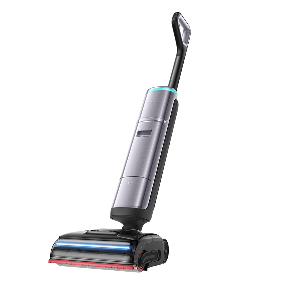 Upright steam vacuum cleaner with silver body, black handle, and floor nozzle