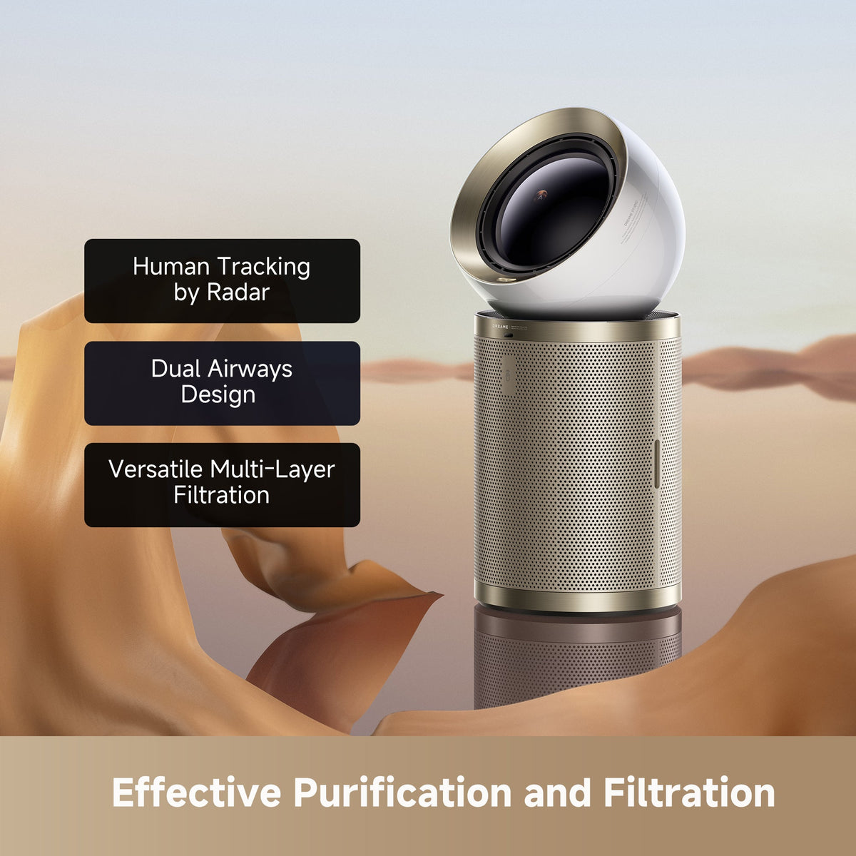 PM10 HEPA purifier with gold-ring top air outlet and perforated mesh filter cylinder