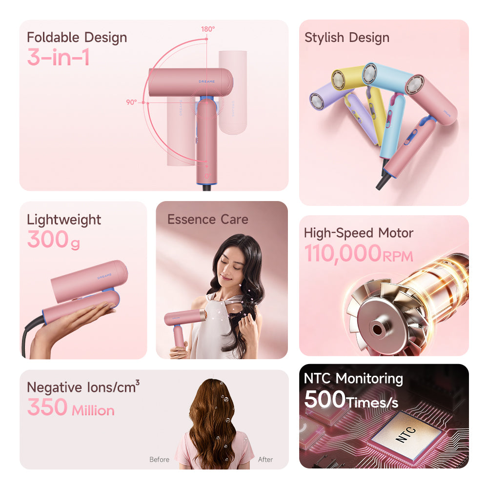 Foldable pocket hair dryer with compact 3-in-1 design and rotating nozzle