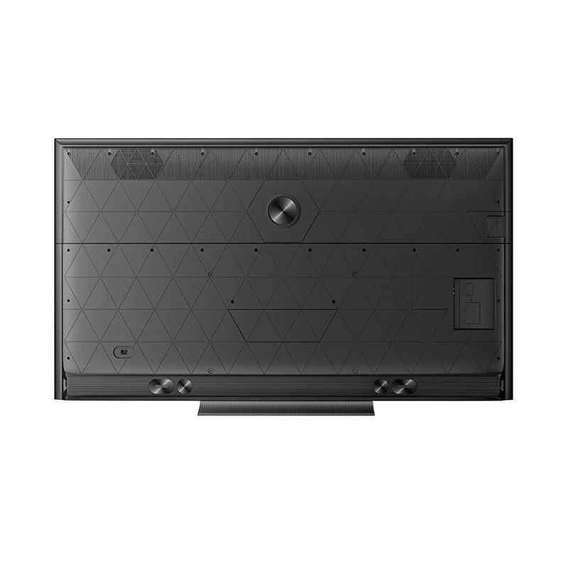 Black TV back panel with textured pattern, ports area, and center circular detail
