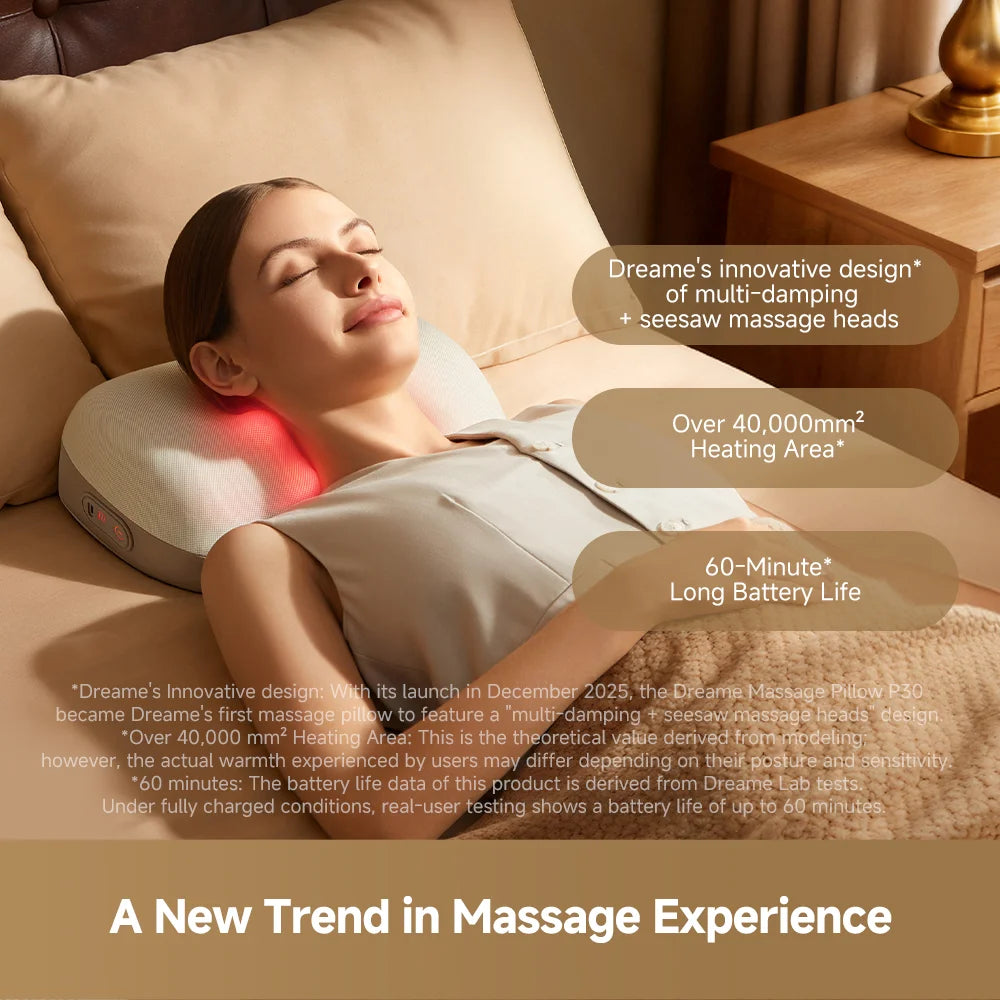 Waist massager pillow with glowing heat panel, designed for use while reclining