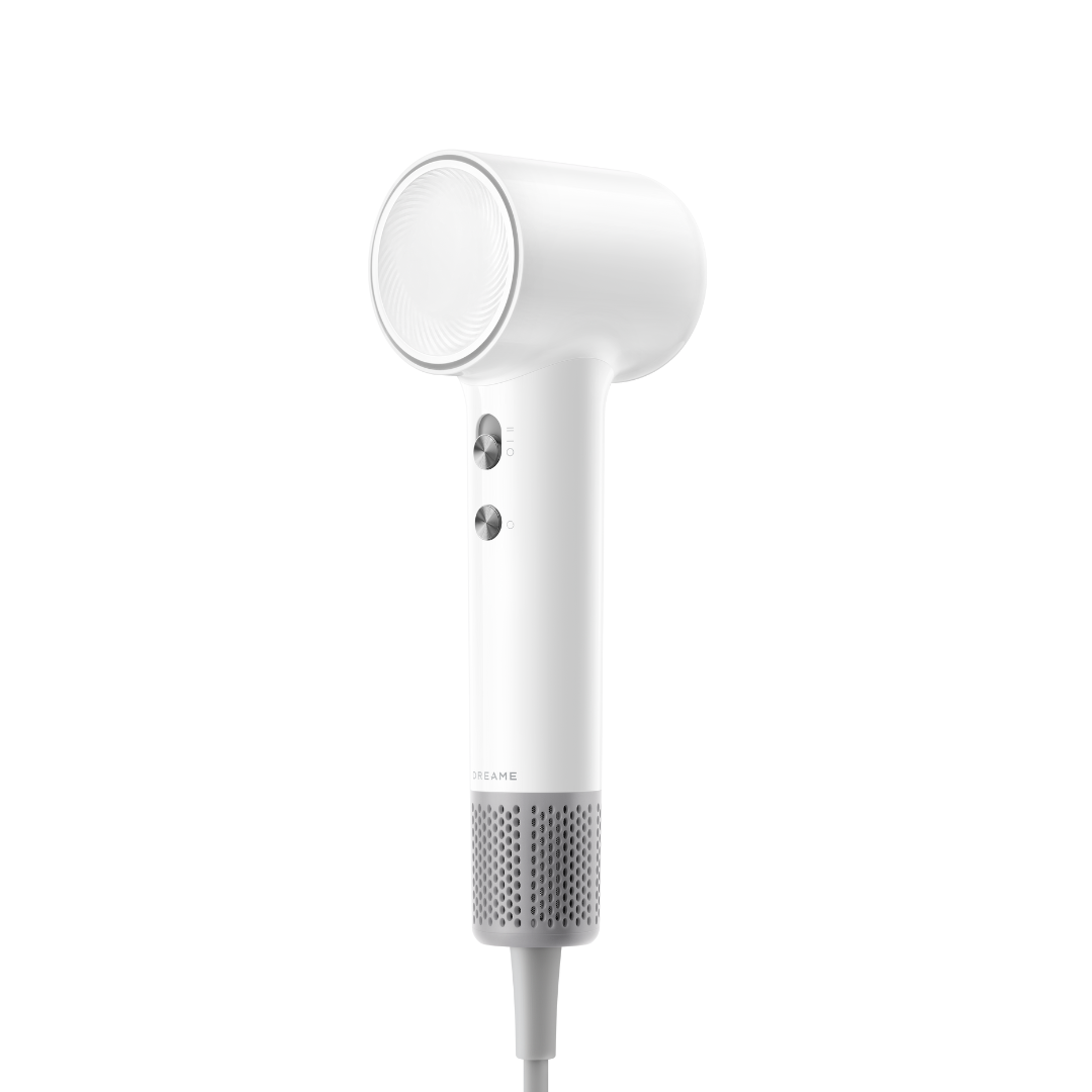 Dreame Mini Hair Dryer in white, vented grille and two side control buttons