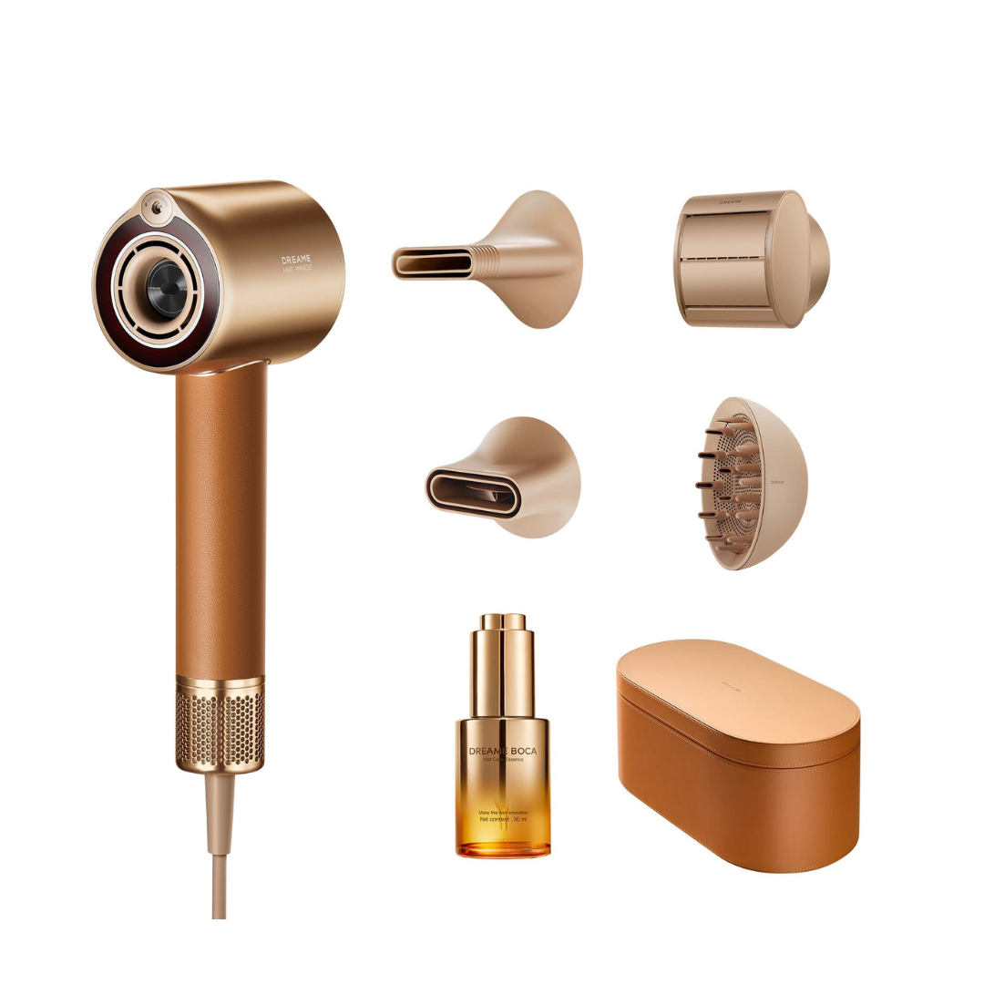 Dreame Miracle Pro high-speed hair dryer set in gold, with nozzles, essence bottle and case