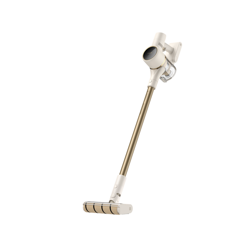 Cordless stick vacuum with floor brush attachment, light beige and bronze