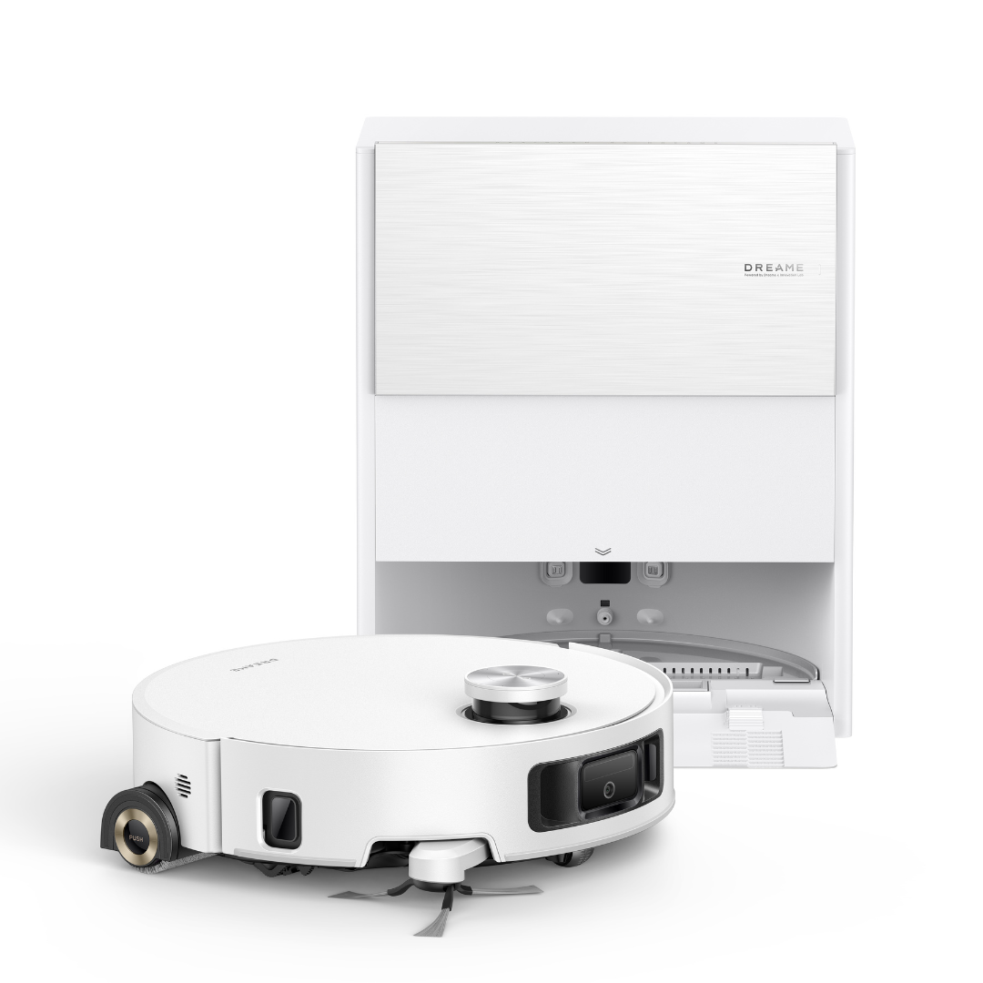 Robot vacuum docked with base station, showing mop tank and charging contacts