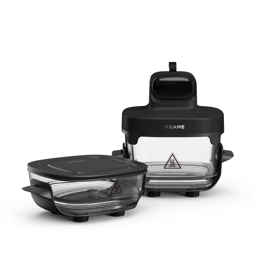 Dreame Tasti Air Fryer mit schwarzem Gehäuse und Glasgarraum, Deckel aufgesetzt
