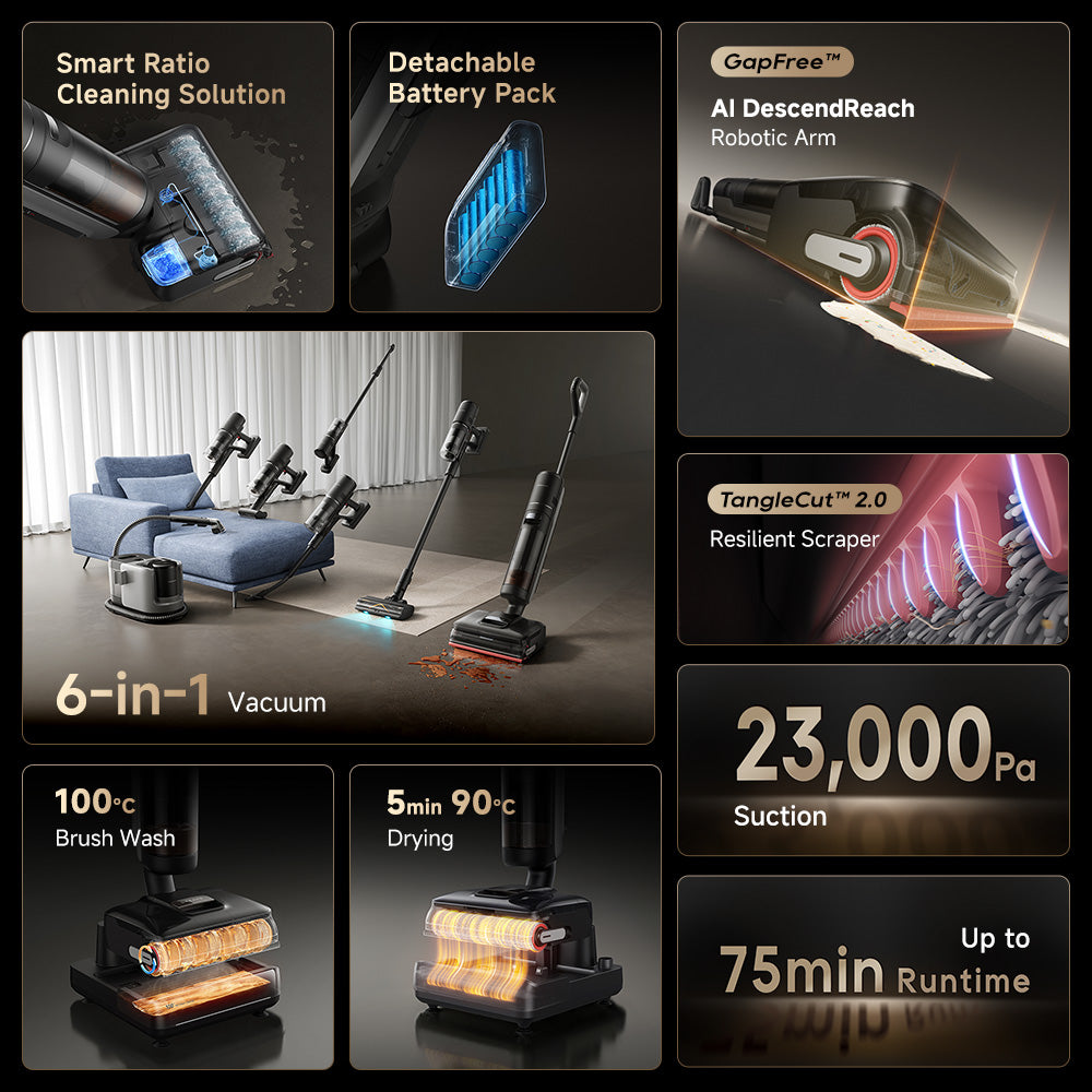 Wet/dry vacuum system collage showing tangle-free scraper, battery pack, and suction