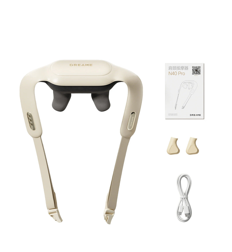Beige neck and shoulder massager with two side arms and three rubber massage pads