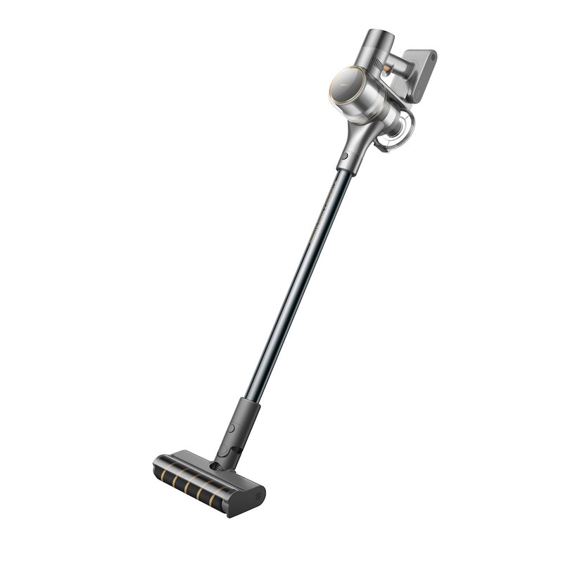 Cordless stick vacuum cleaner with floor brush attachment, silver and dark gray