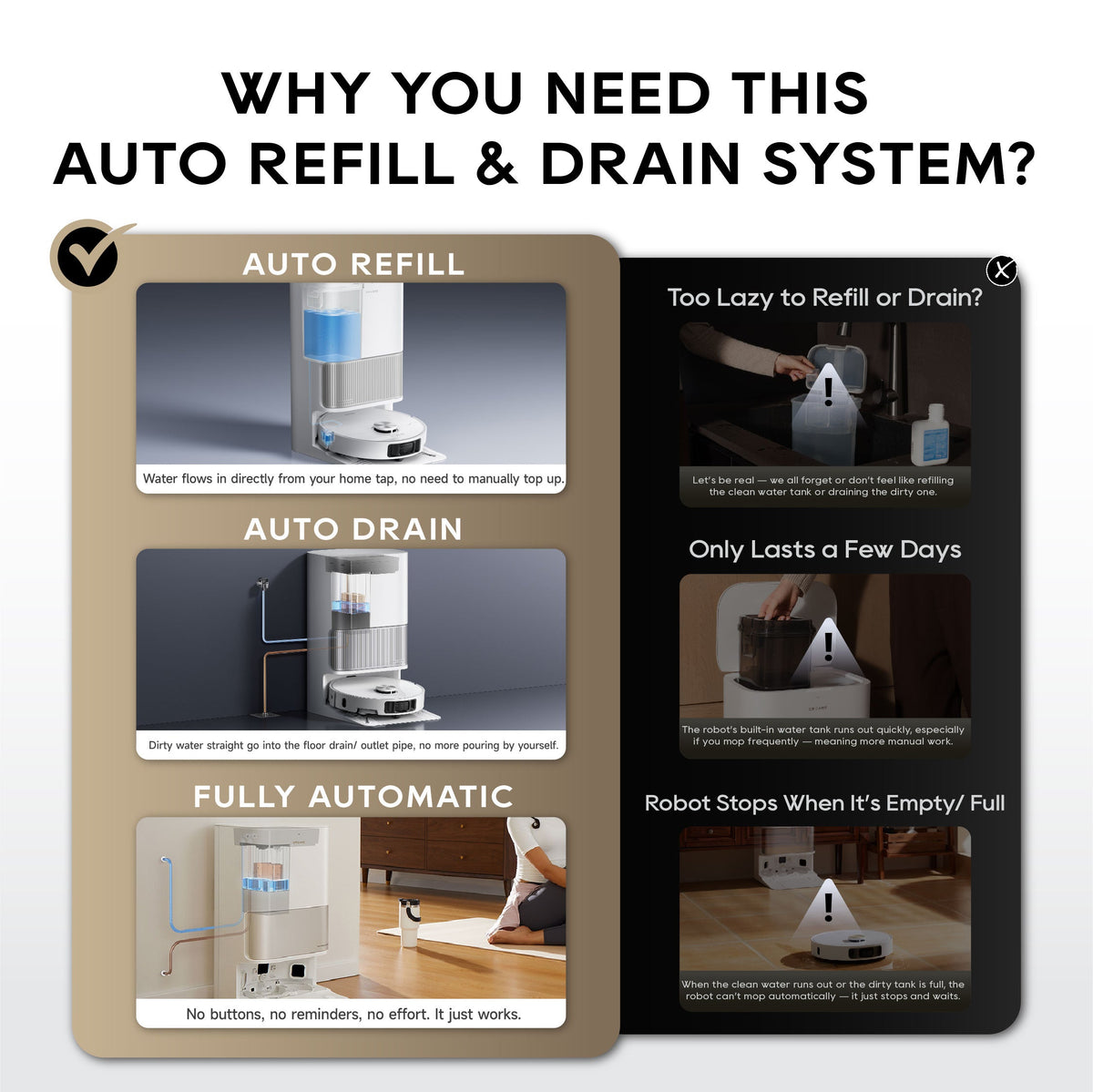 Fully automatic auto-refill & auto-drain waterkit module for robot vacuum