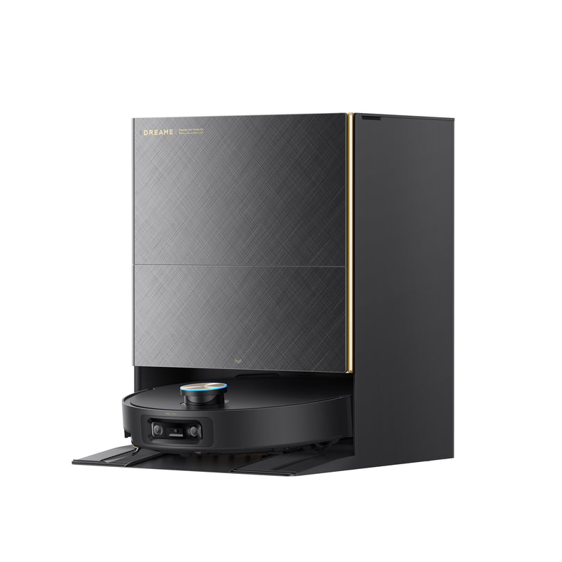 Dreame X60 Ultra docking base with upright screen panel and circular robot vacuum