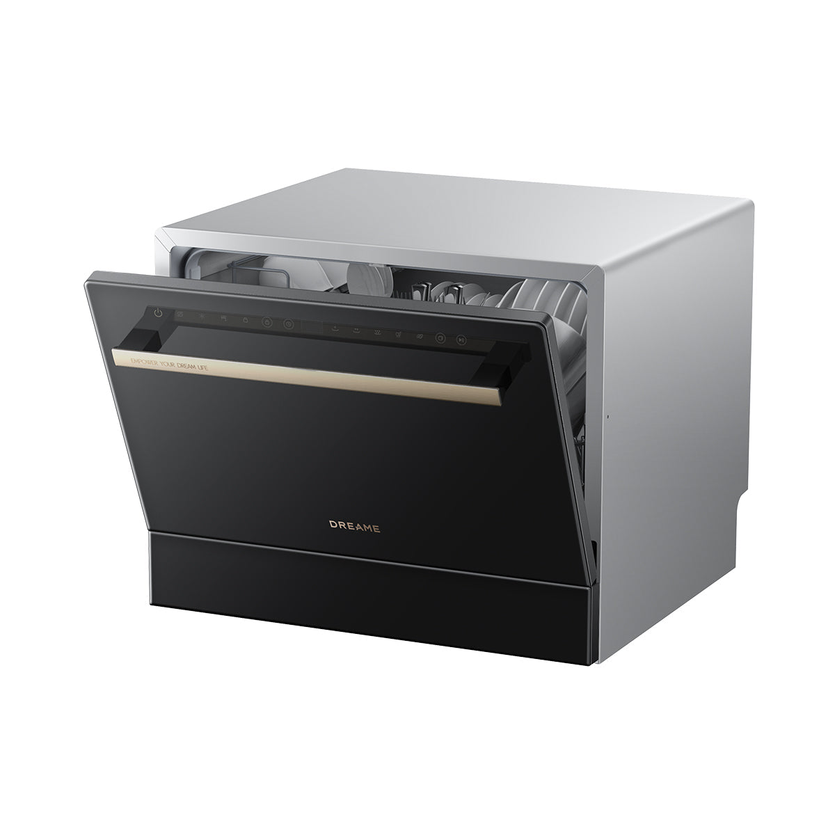Dreame Z2000 tabletop smart dishwasher, front view with open door and racks