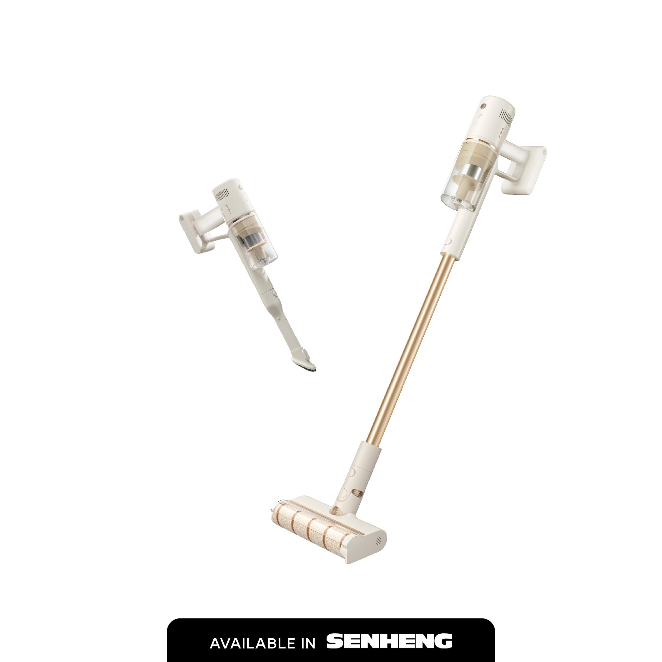 Dreame V11 Pro stick vacuum with floor brush attachment, gold and white body.