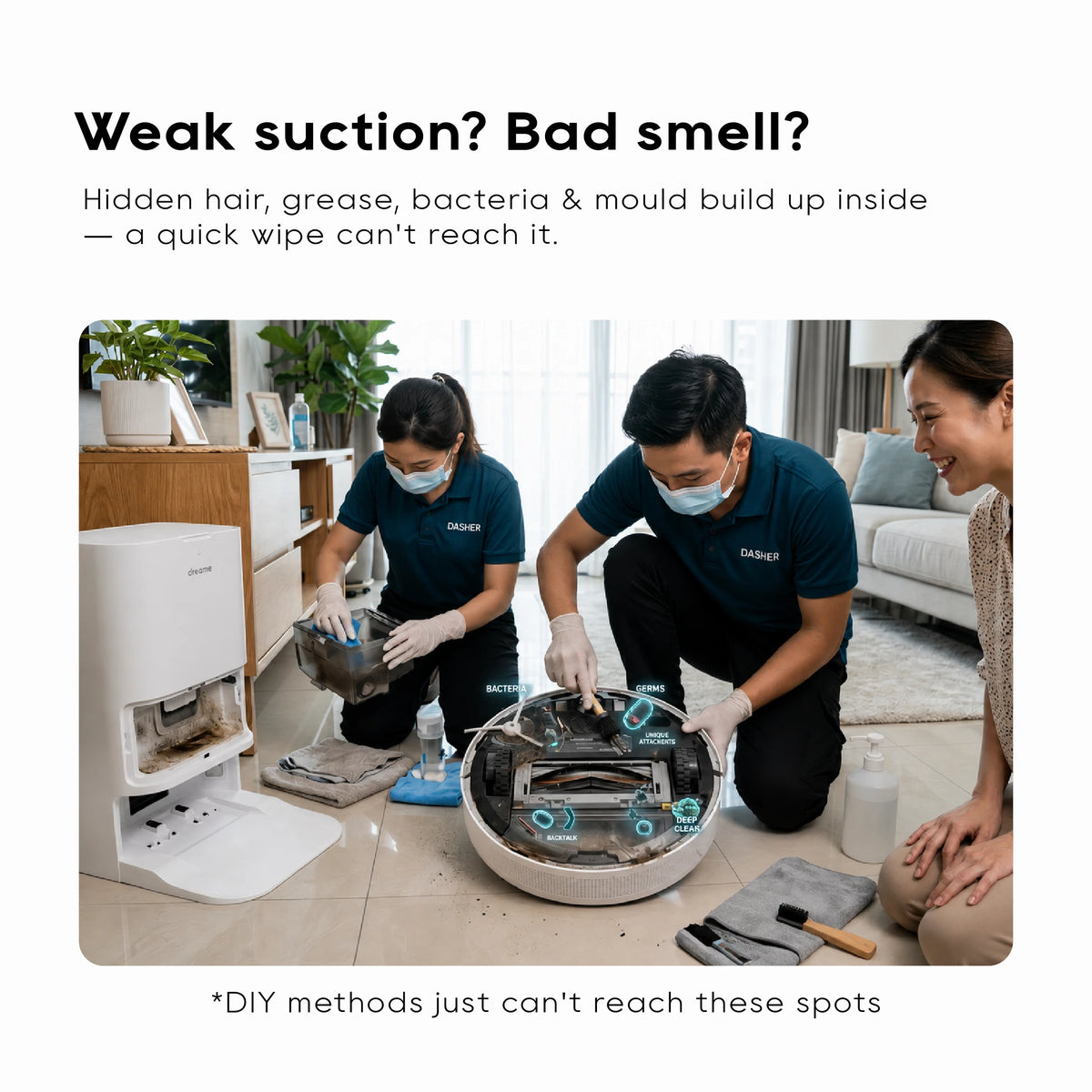 On-site technicians servicing a robot vacuum with tools during deep cleaning