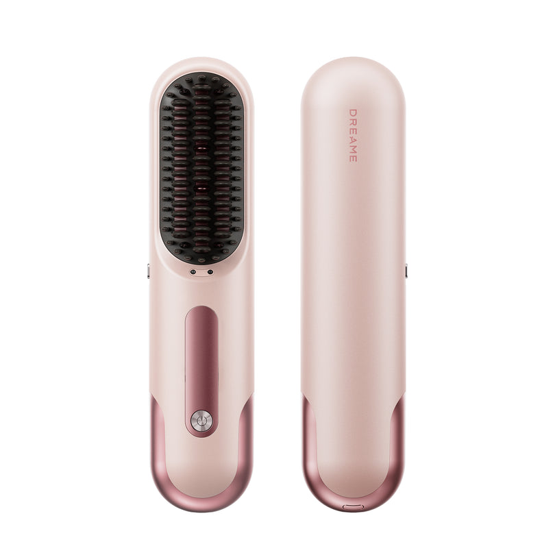 Light pink hair styler brush with black bristle panel and power button on handle