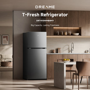Double door refrigerator with dark inox finish, freestanding in kitchen layout