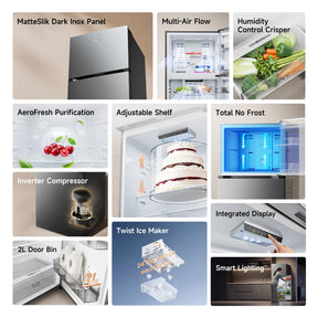 Refrigerator feature collage: multi-air flow, humidity crisper, total no frost, display