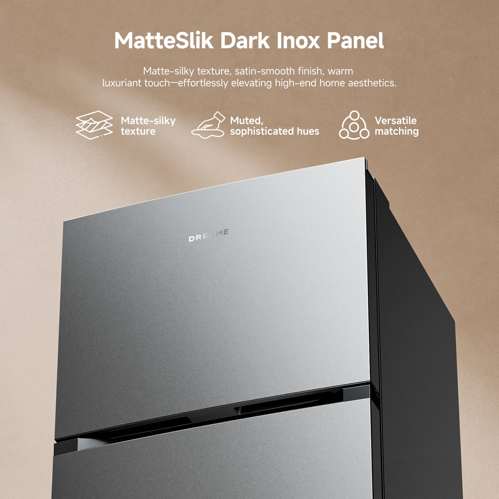 Refrigerator front panel with matte-silk dark inox finish and sleek satin texture