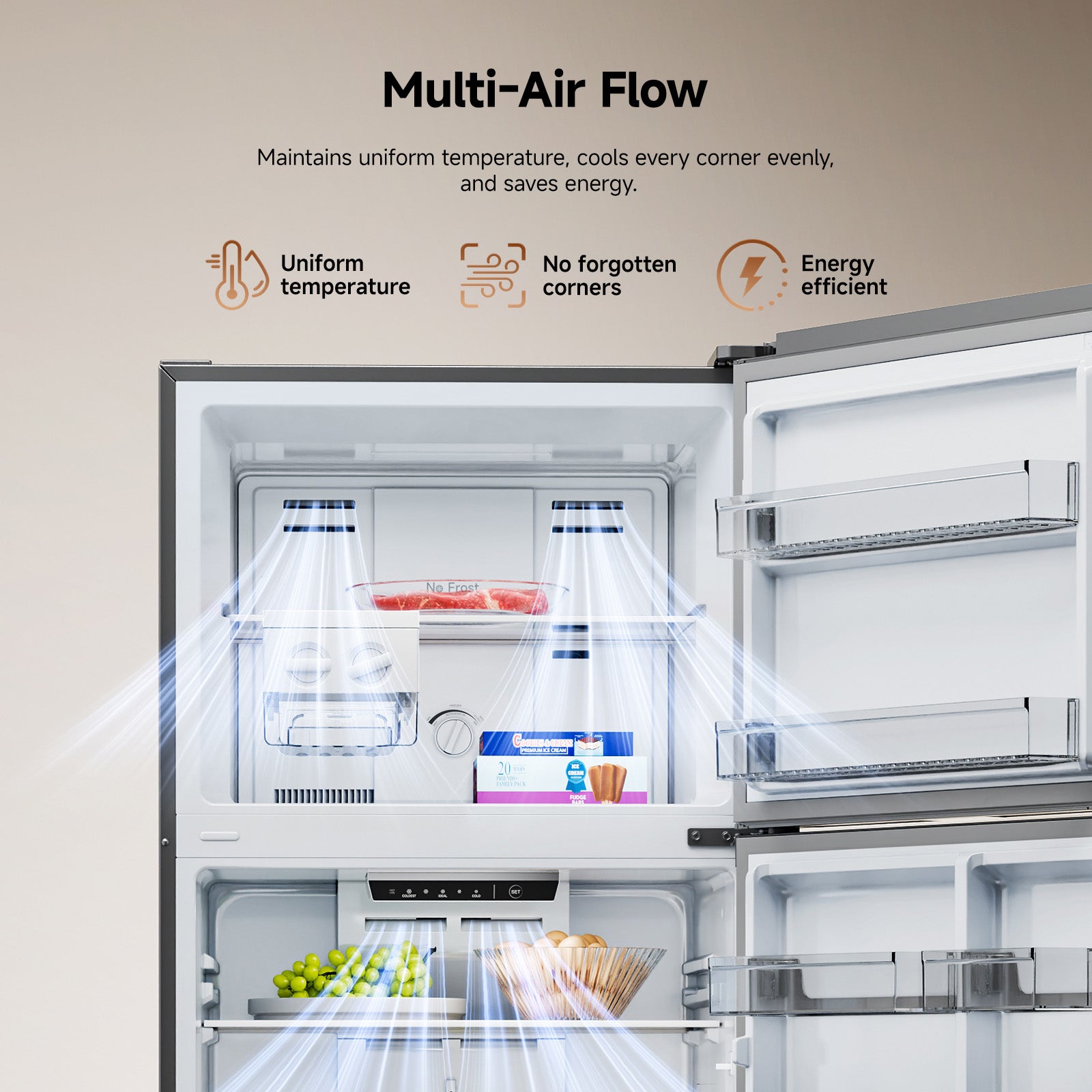 Refrigerator interior showing multi-air flow vents across upper and lower compartments