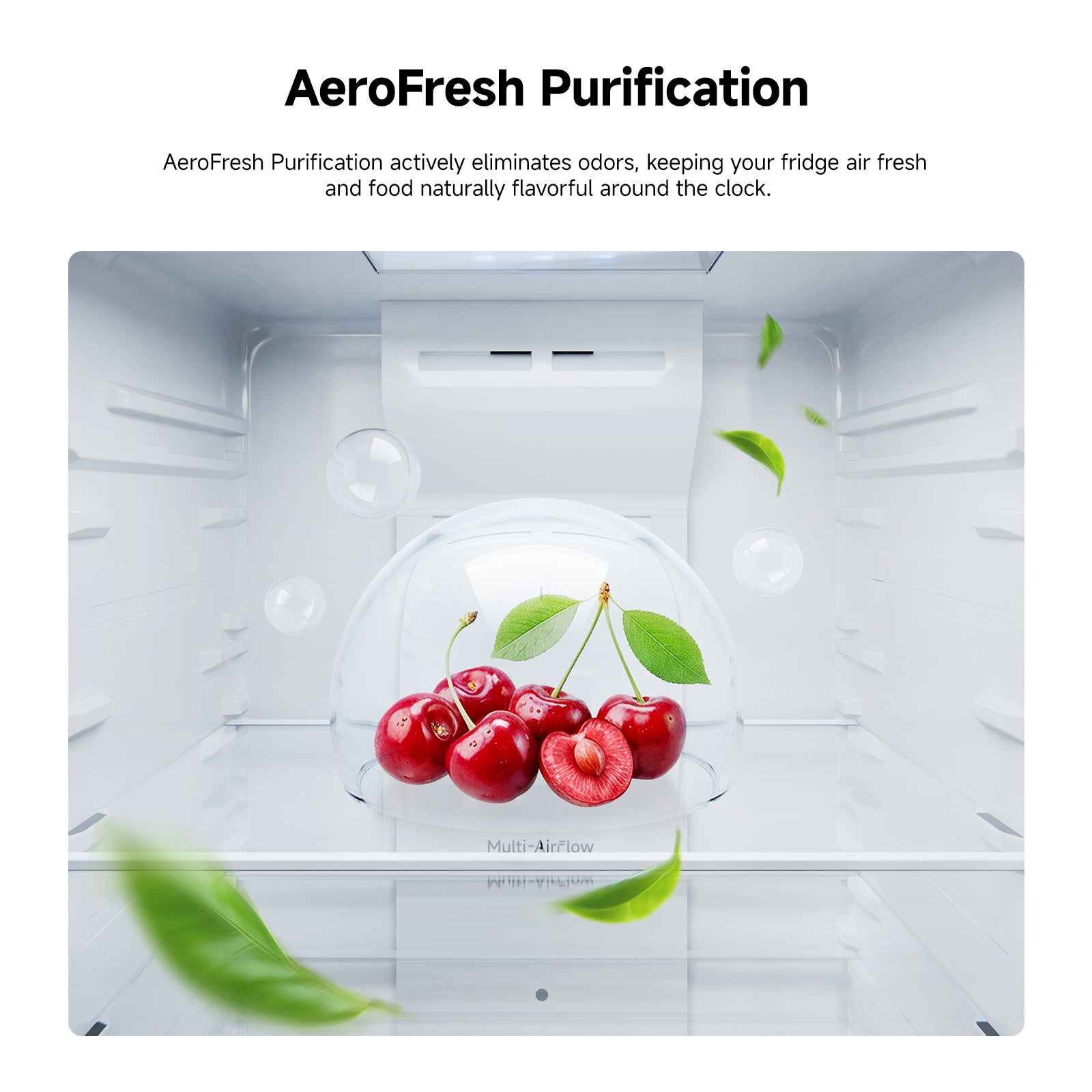 Refrigerator interior with AeroFresh purification near the top and cherries inside
