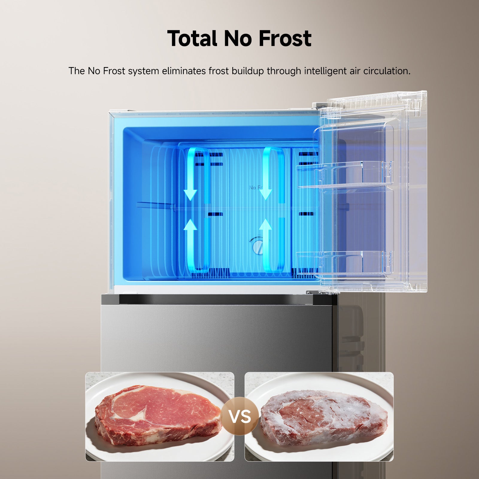 Total no frost design with open door, internal shelves, and airflow arrows
