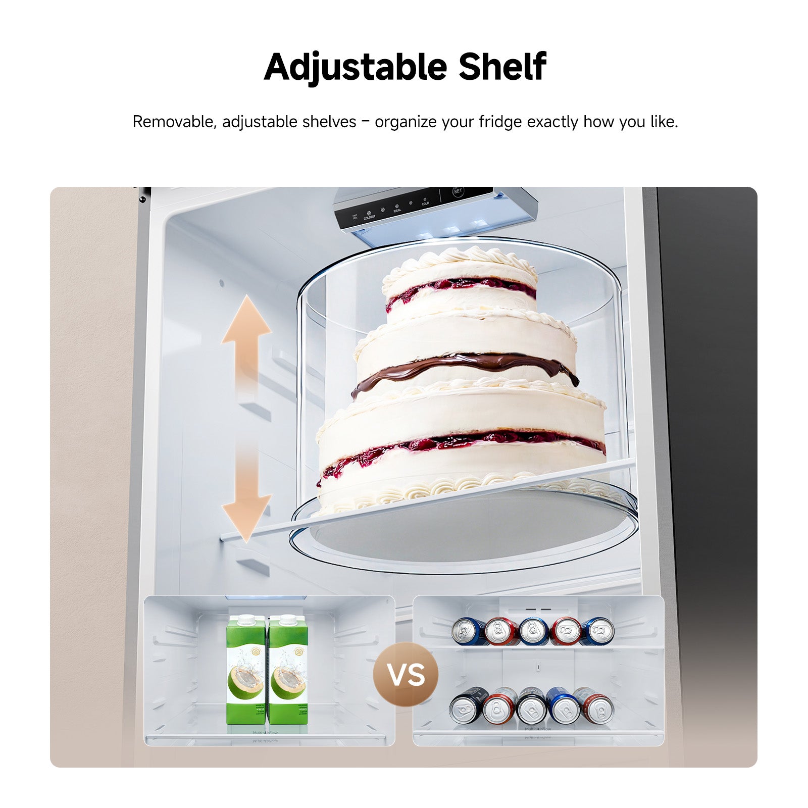 Adjustable shelf refrigerator interior with cake tray and drinks on lower door bin