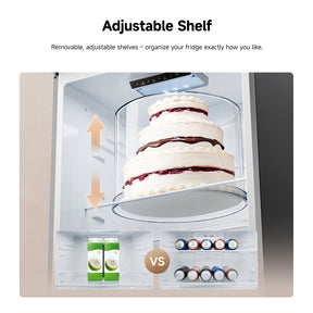 Adjustable shelf refrigerator interior with cake tray and drinks on lower door bin