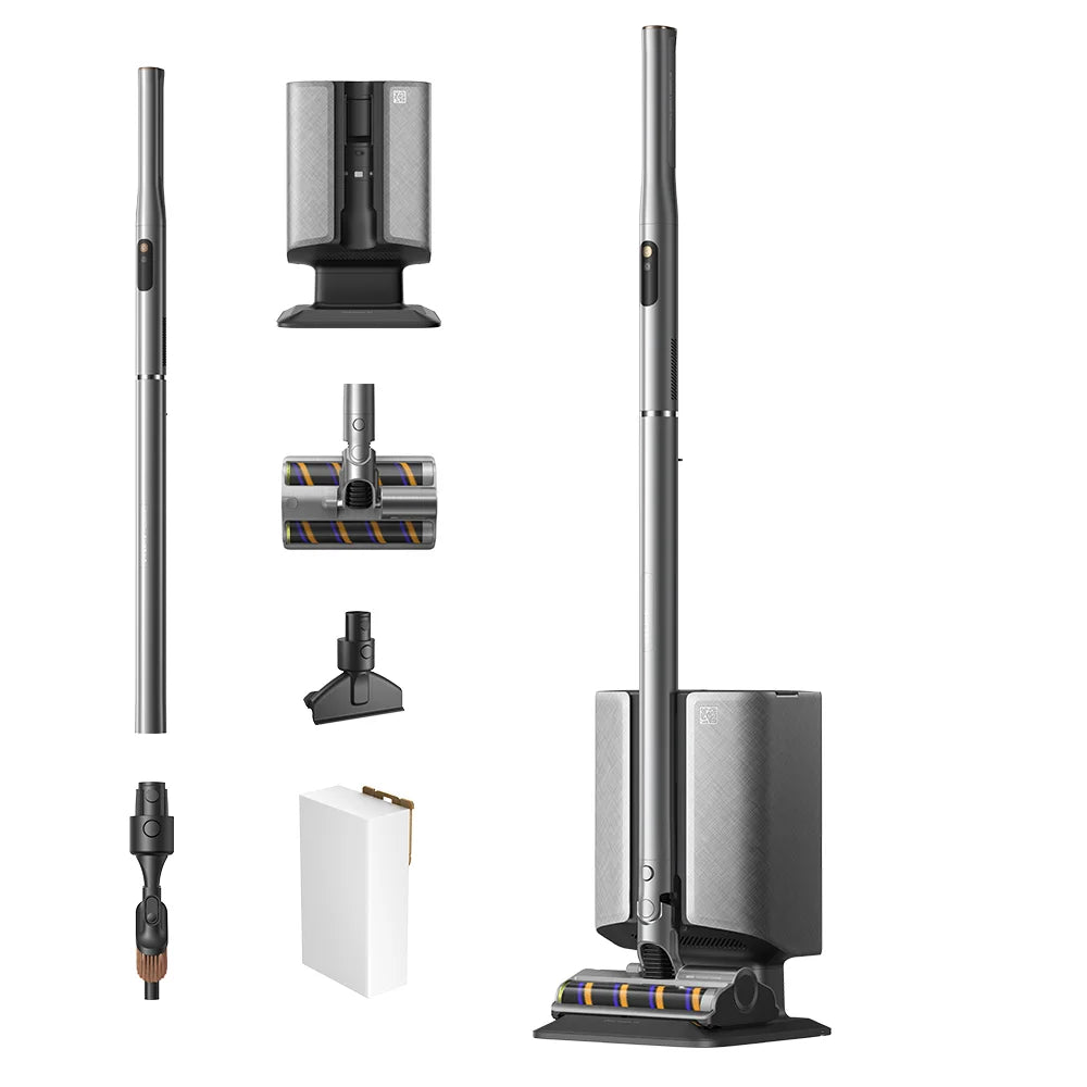 Dreame Air Station cordless vacuum with wall docking base and removable floor brush