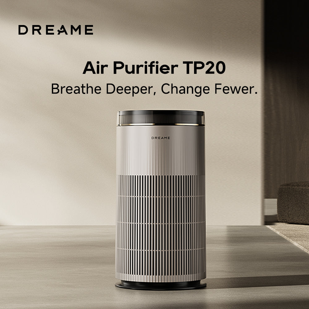 Dreame TP20 air purifier standing unit with white vertical grille and dark ring top.
