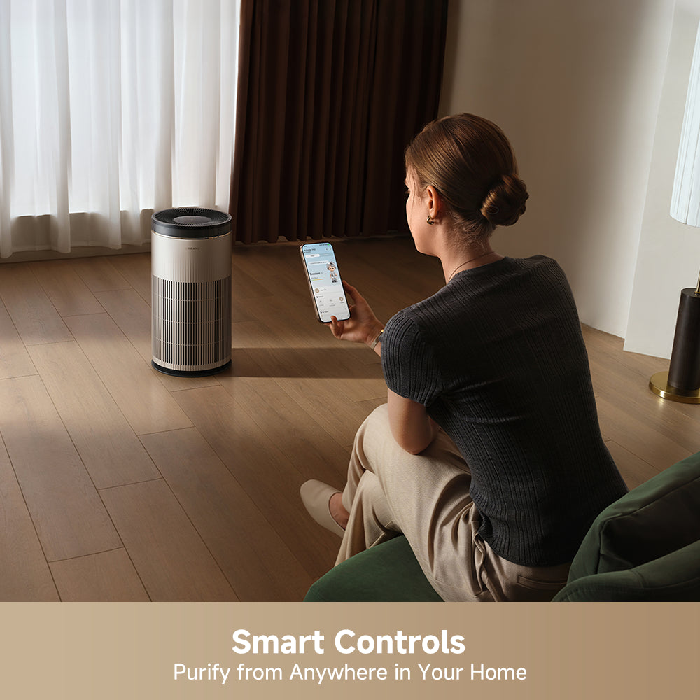 Dreame TP20 air purifier with top control and front intake grille, viewed from side.