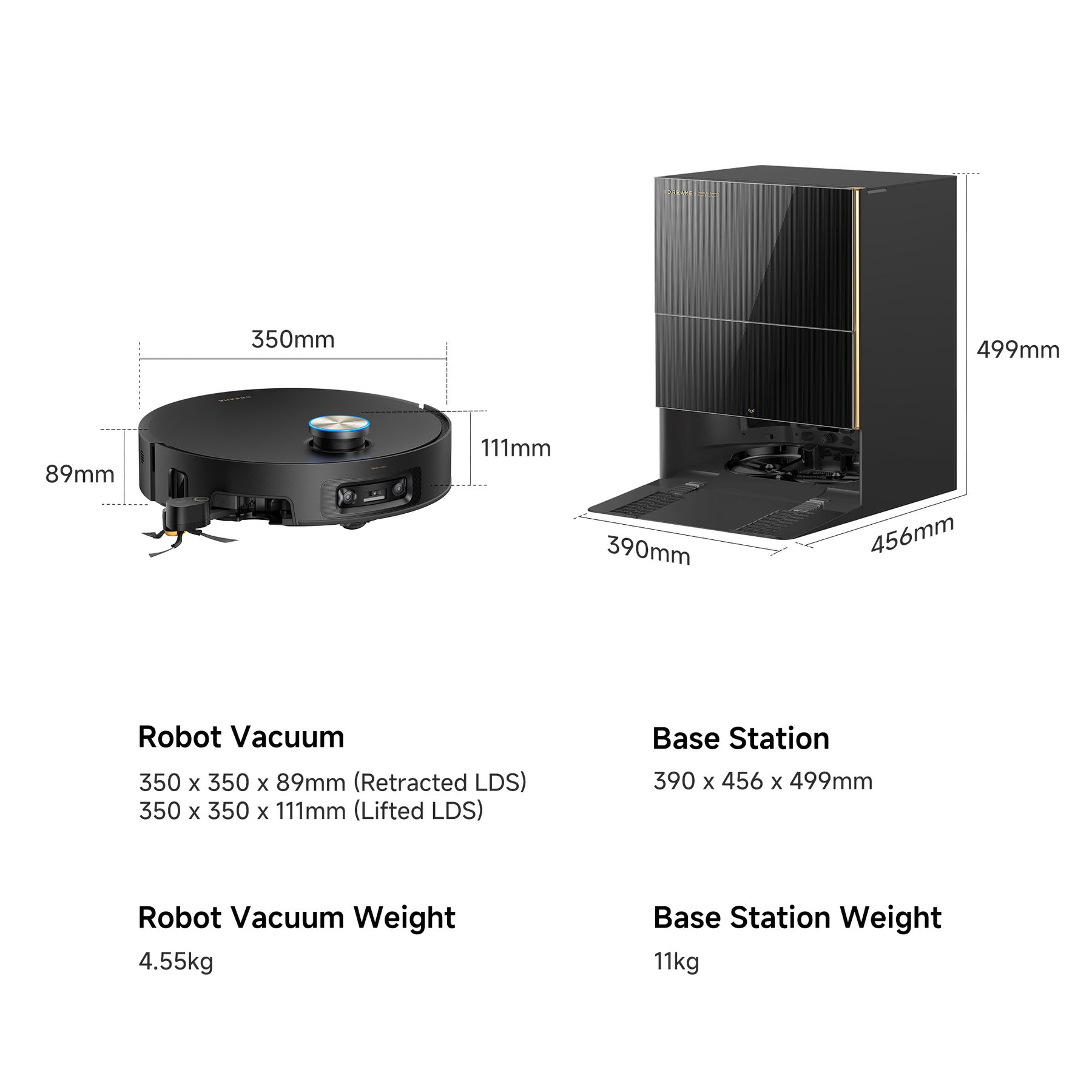 Robot vacuum and base station dimensions diagram with measurements in mm
