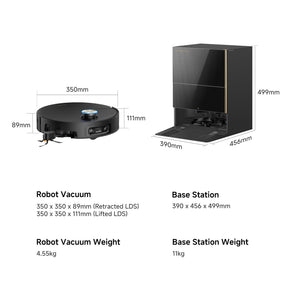 Robot vacuum and base station dimensions diagram with measurements in mm