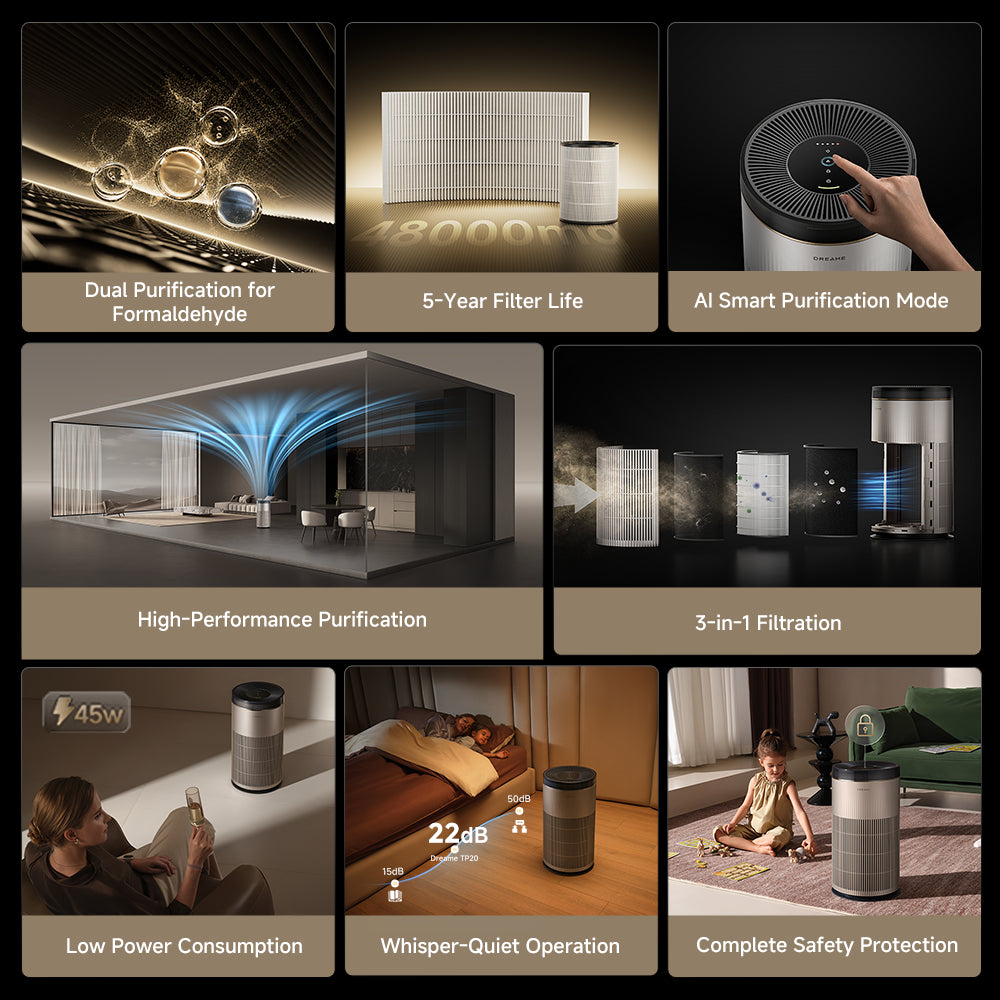 Dreame TP20 air purifier, cylindrical dark tower with top fan grille