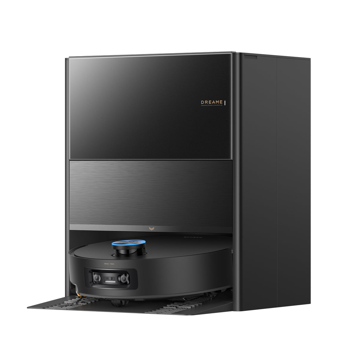 Black docking base station with robot vacuum docked inside