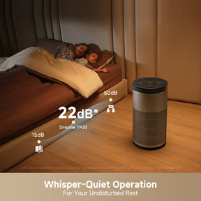 Dreame TP20 air purifier in compact white and dark cylinder design with front grille.