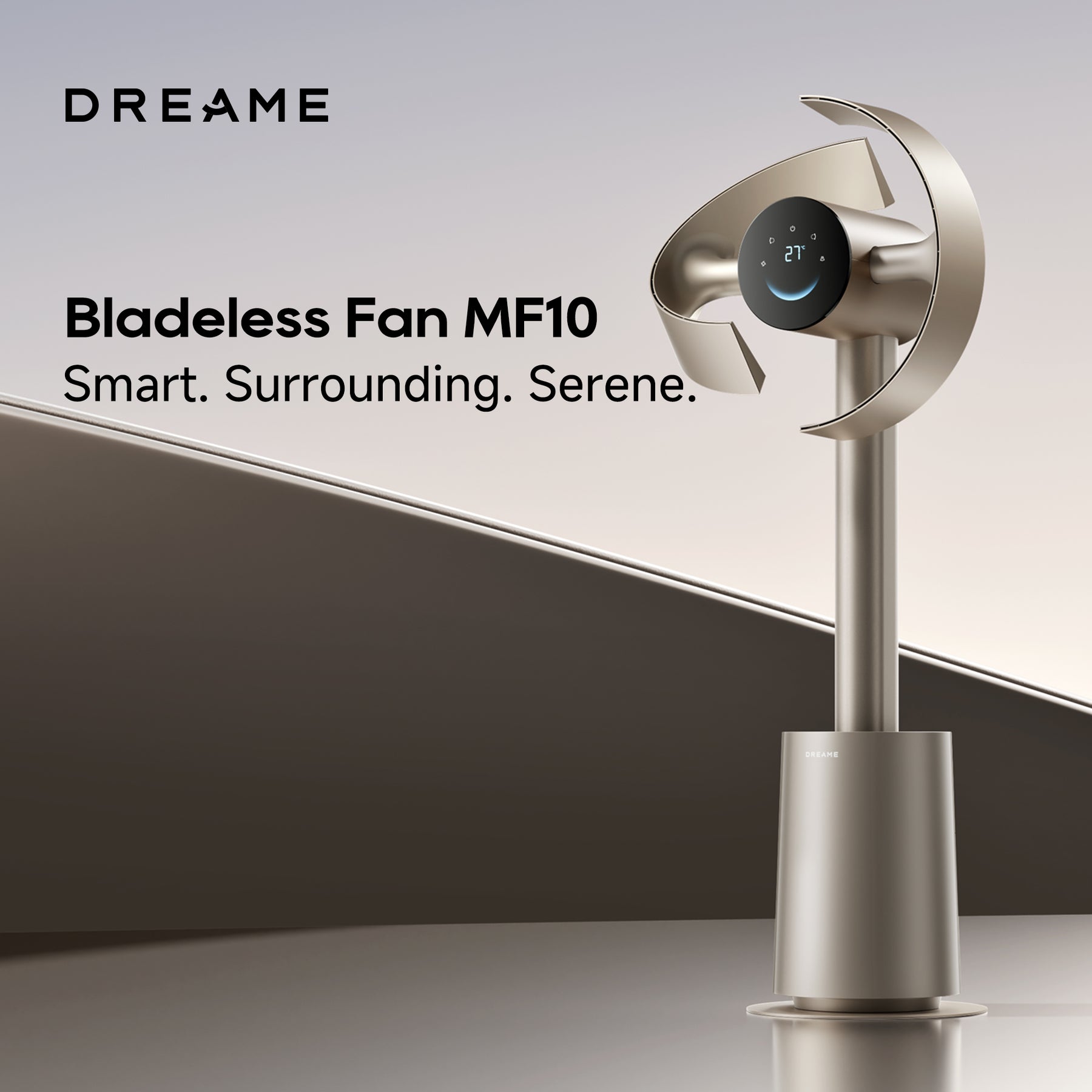 Dreame bladeless Fan MF10, silberner Standventilator mit rundem Luftauslass und Display