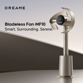 Dreame bladeless Fan MF10, silberner Standventilator mit rundem Luftauslass und Display