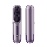 Metallic purple hair styler brush with black bristle panel and control button