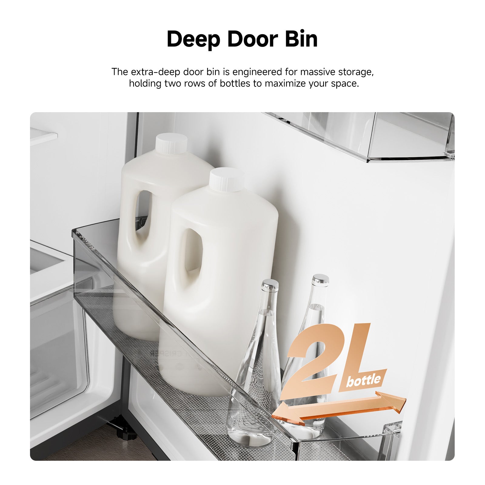 Double door refrigerator deep door bin holding bottles in two rows