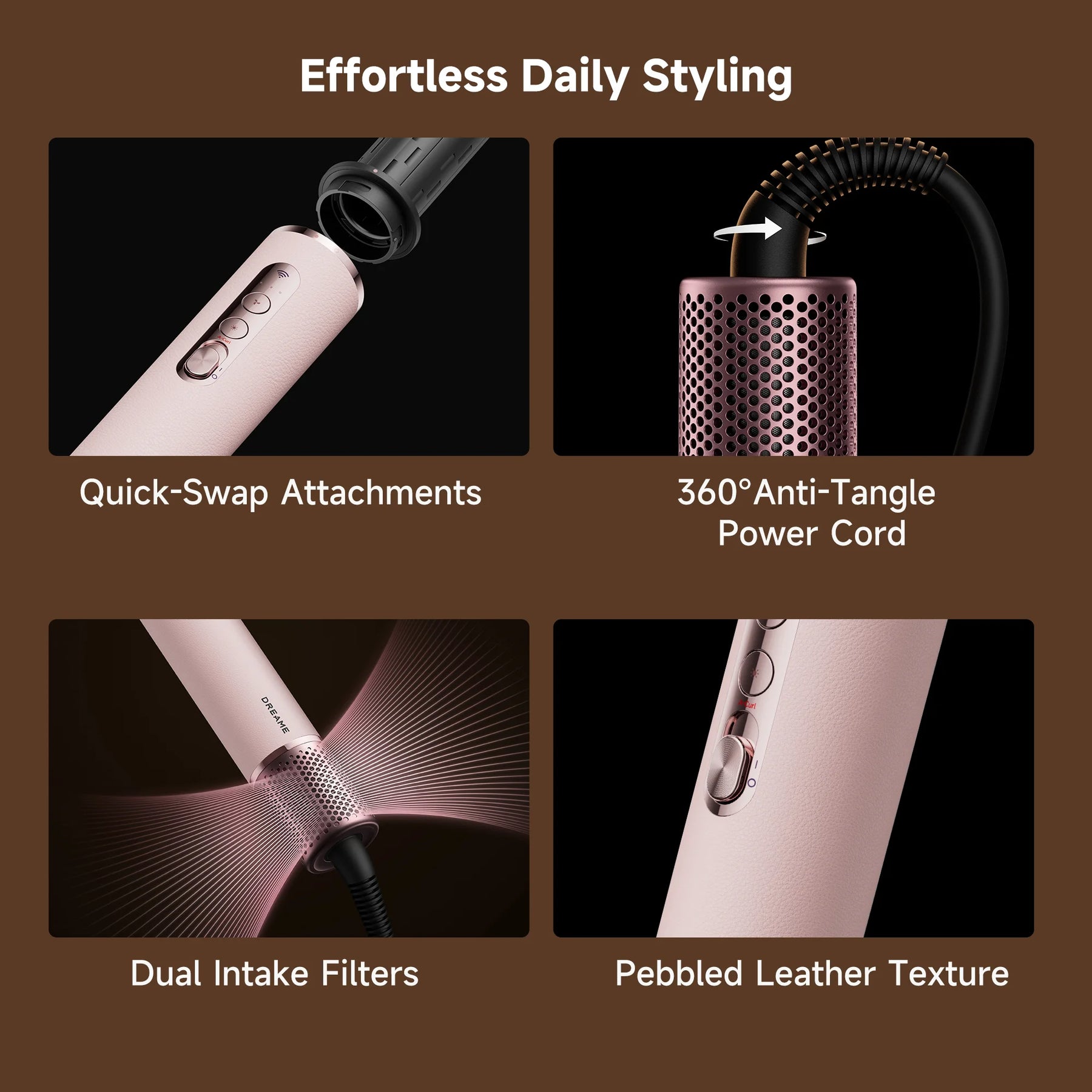 Hair styling styler with pink attachments and 360° anti-tangle power cord