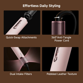 Hair styling styler with pink attachments and 360° anti-tangle power cord