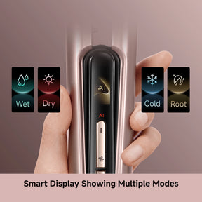 Rose-gold air straightener with smart display showing Wet, Dry, Cold, Root modes