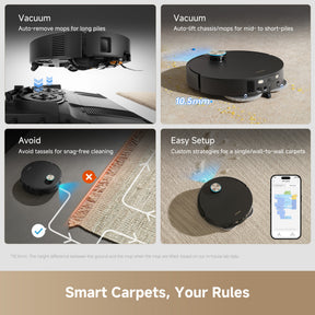 Robot vacuum lifts mops with auto-lift chassis for short-to-mid pile carpets