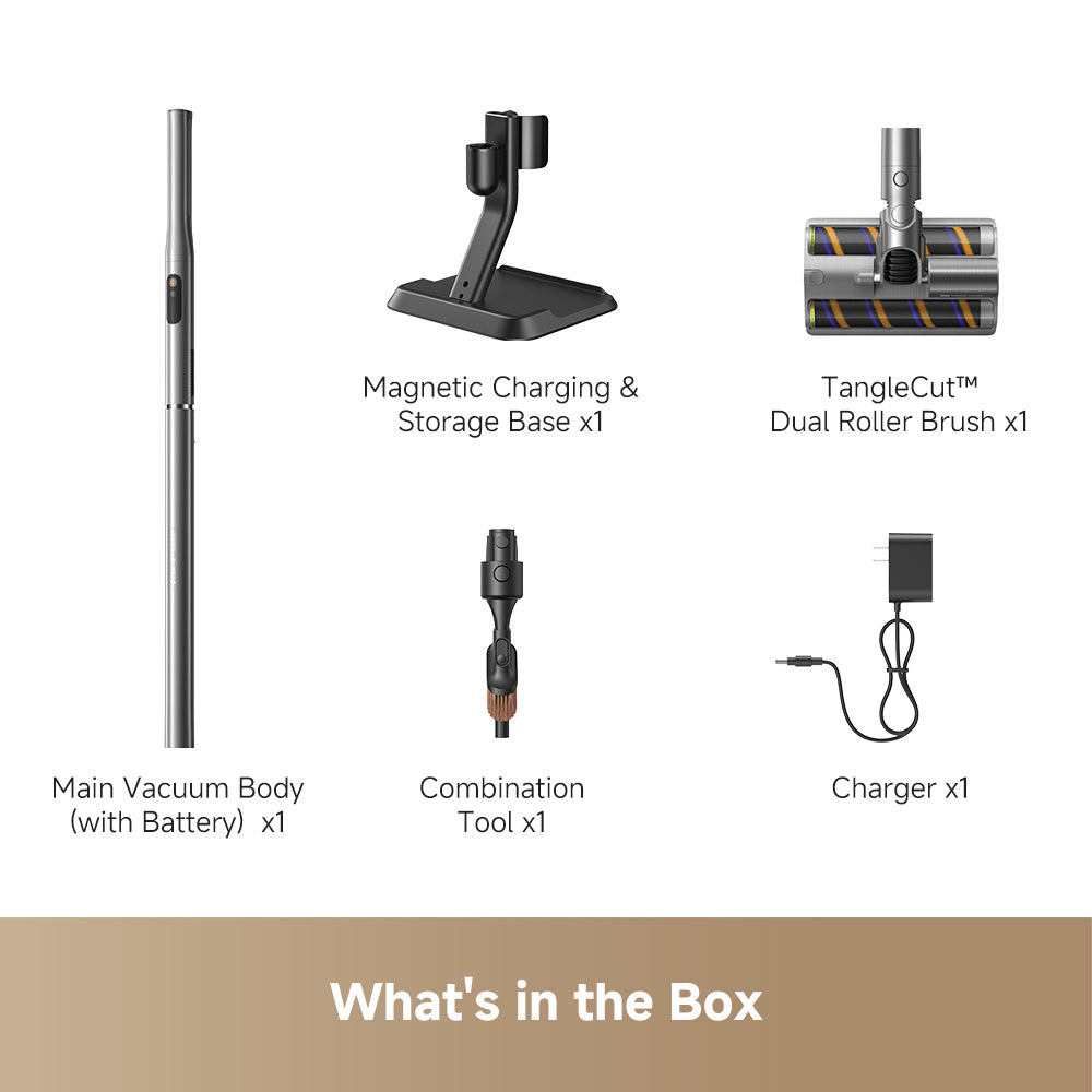 Cordless stick vacuum with floor nozzle, brush head, battery, and charging base