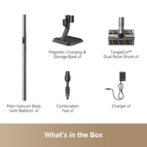 Cordless stick vacuum with floor nozzle, brush head, battery, and charging base
